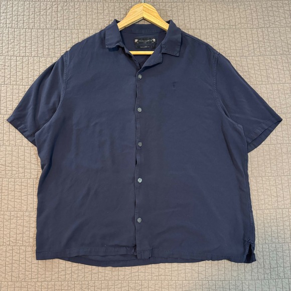 All Saints Shirt Men's XXL Navy Blue Relaxed Camp Button Up Loop Collar Boxy Fit - Picture 1 of 11